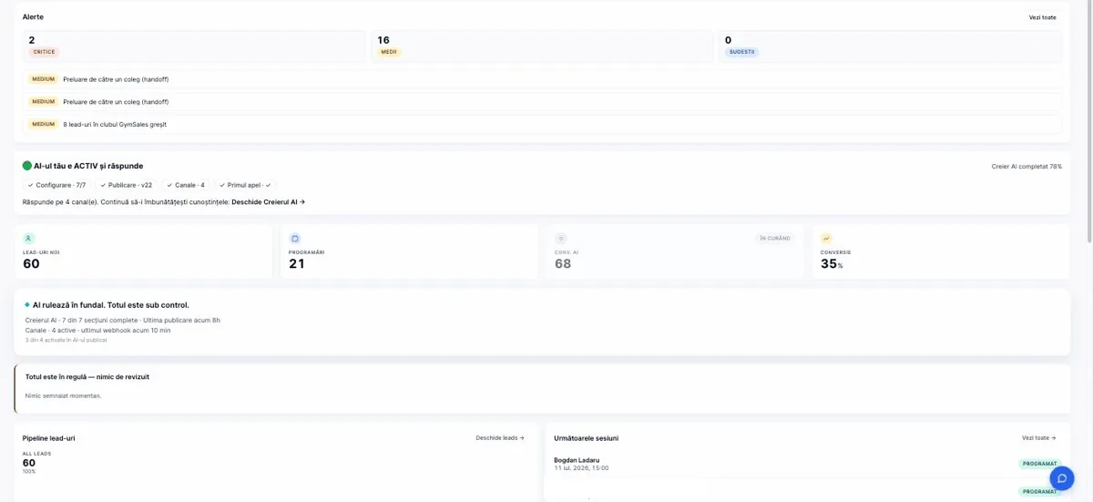 Leadaro dashboard, live workspace: 60 new leads, 21 bookings, 68 AI conversations, 35% conversion — AI active and answering on 4 channels
