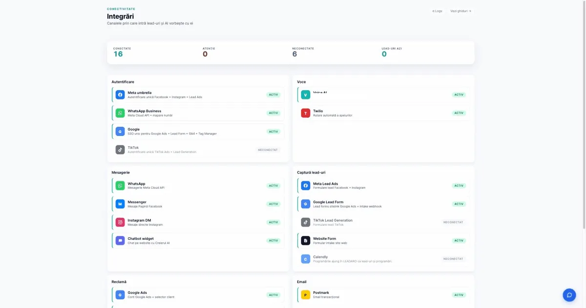 Leadaro integrations screen: 16 connected channels — WhatsApp, Instagram DM, Messenger, Voice AI, Meta and Google lead forms, web forms