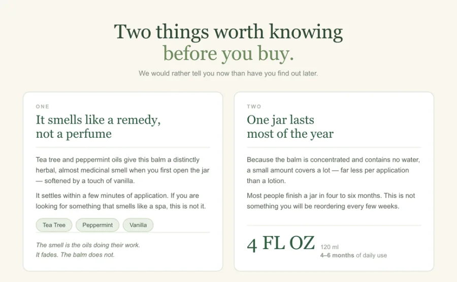 A+ module we produced titled “Two things worth knowing before you buy”, telling shoppers the balm smells medicinal and that one jar lasts most of the year.