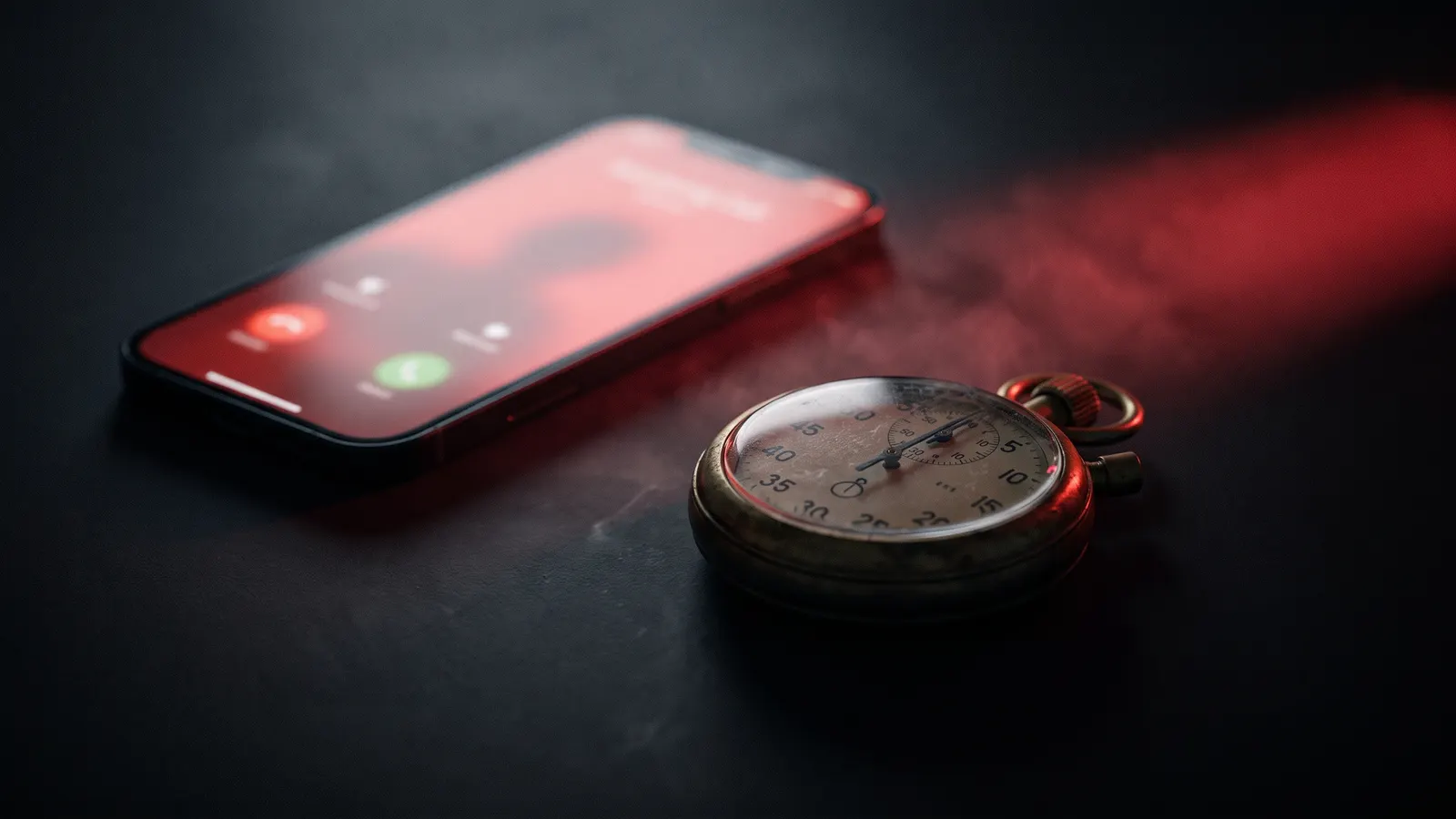 Stopwatch next to a phone with an incoming call on a dark desk