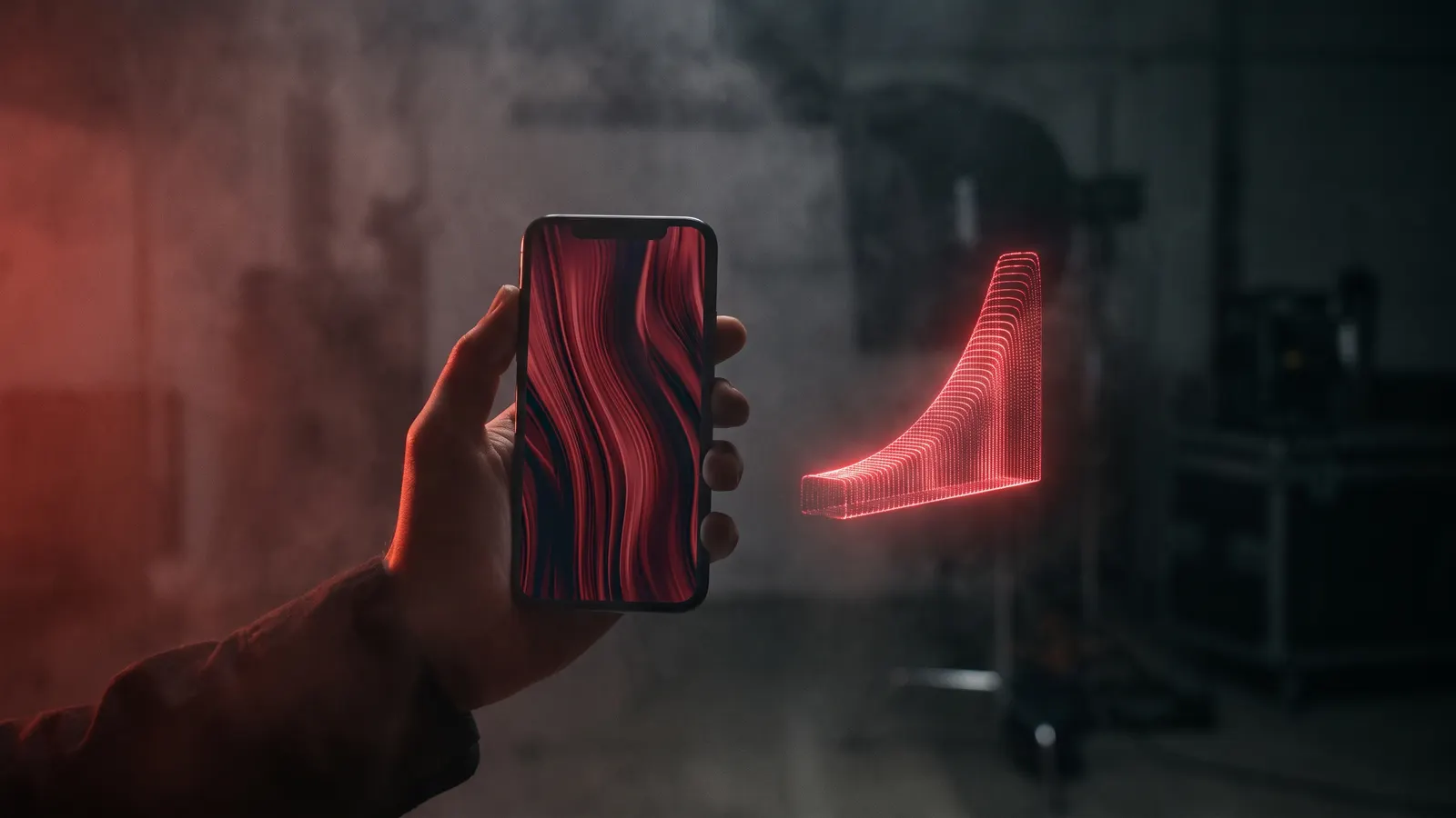 Hand holding a phone playing a vertical video next to a glowing retention curve