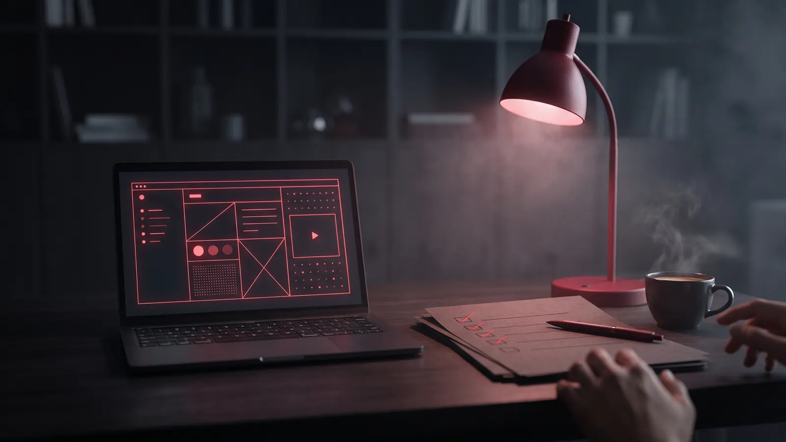 Laptop with an audit report and a printed checklist marked in red pen on a desk
