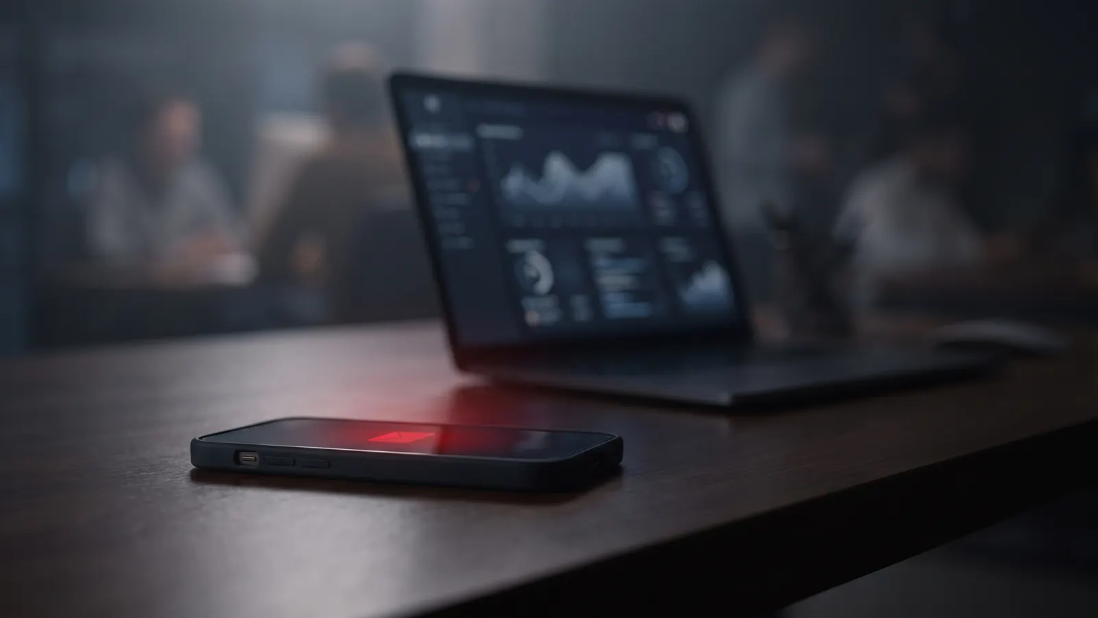 Phone lighting up with a new message on a desk at night, a laptop dashboard in the background