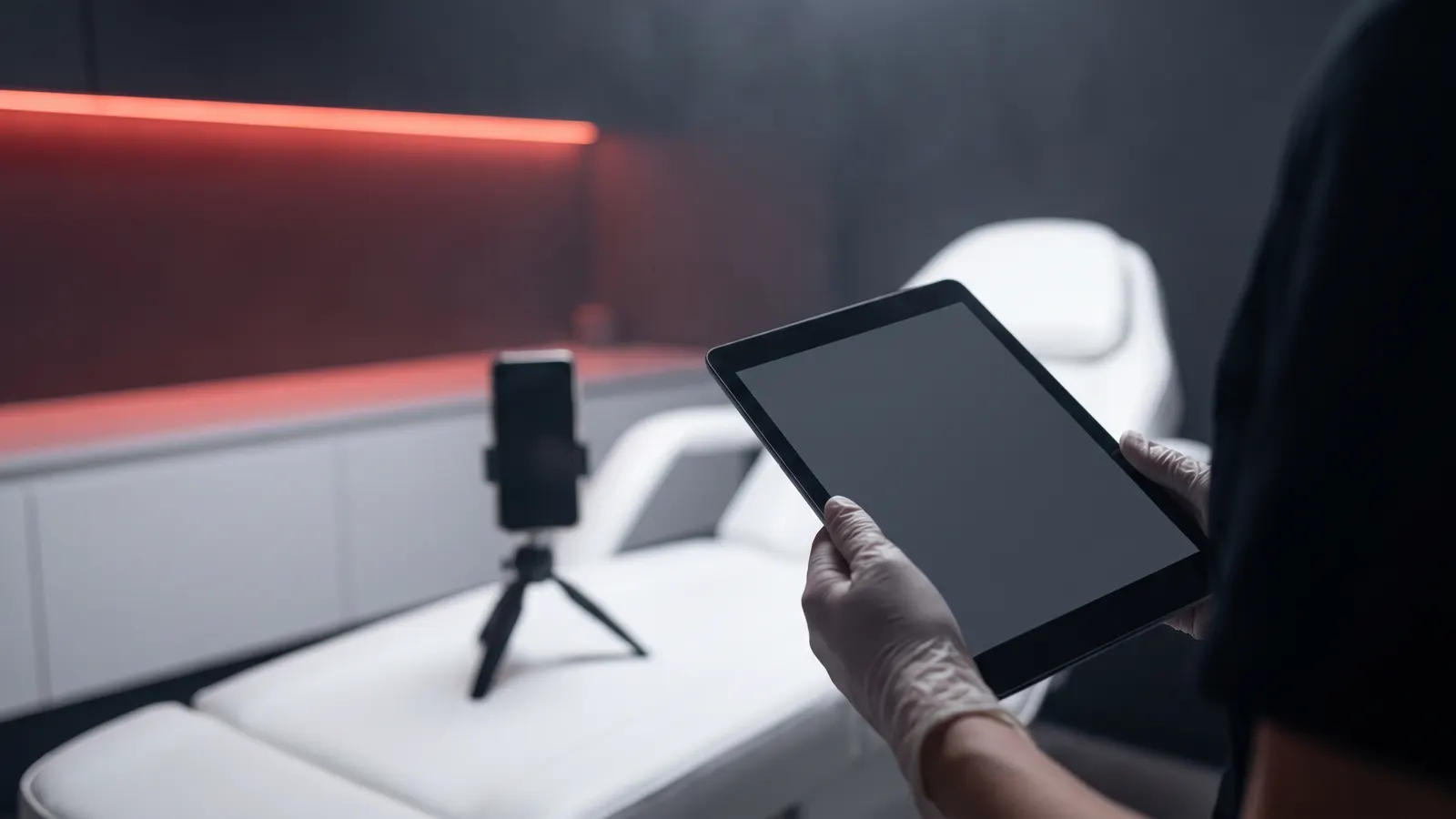 Aesthetic clinic consultation room with a doctor's gloved hands on a tablet and a phone set up to film