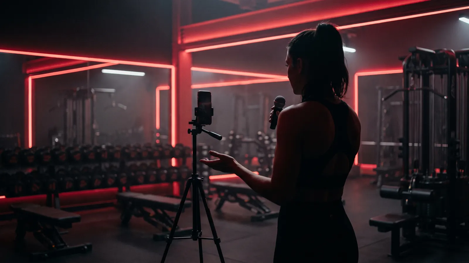 Trainer filming a vertical workout video on a phone in a gym lit with red neon