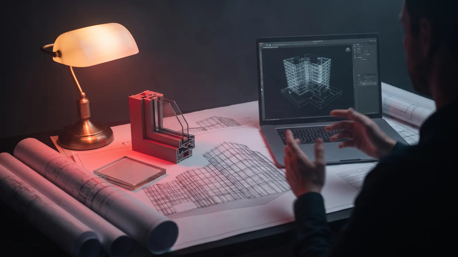 Architect's desk with facade drawings, an aluminum window profile sample and a laptop showing a 3D building model
