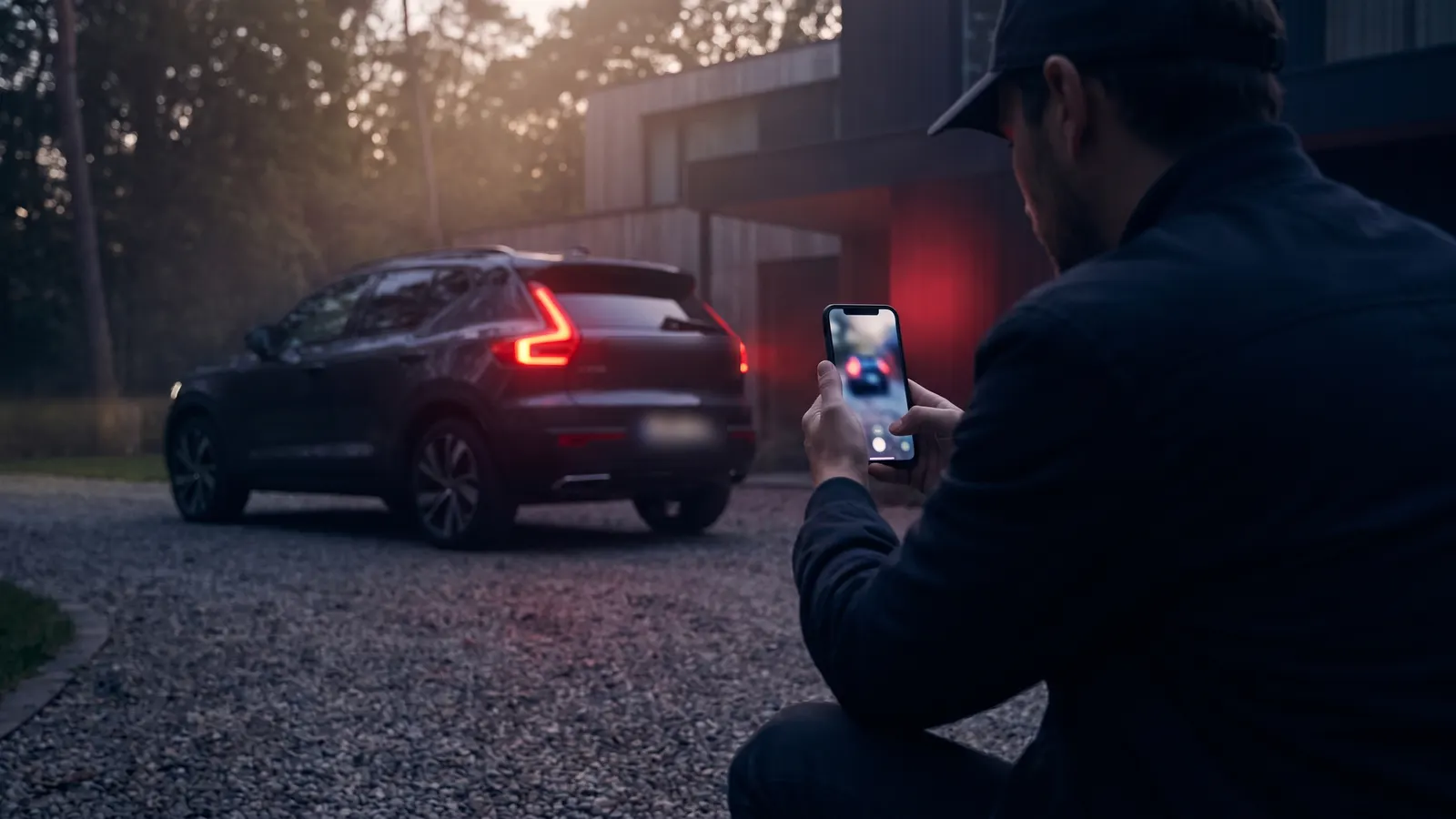 Person photographing a car in a driveway at dusk with a phone to create a listing