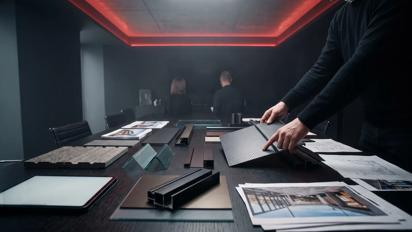 Facade system samples, glass and aluminum swatches on a meeting table, two people's hands pointing at a sample