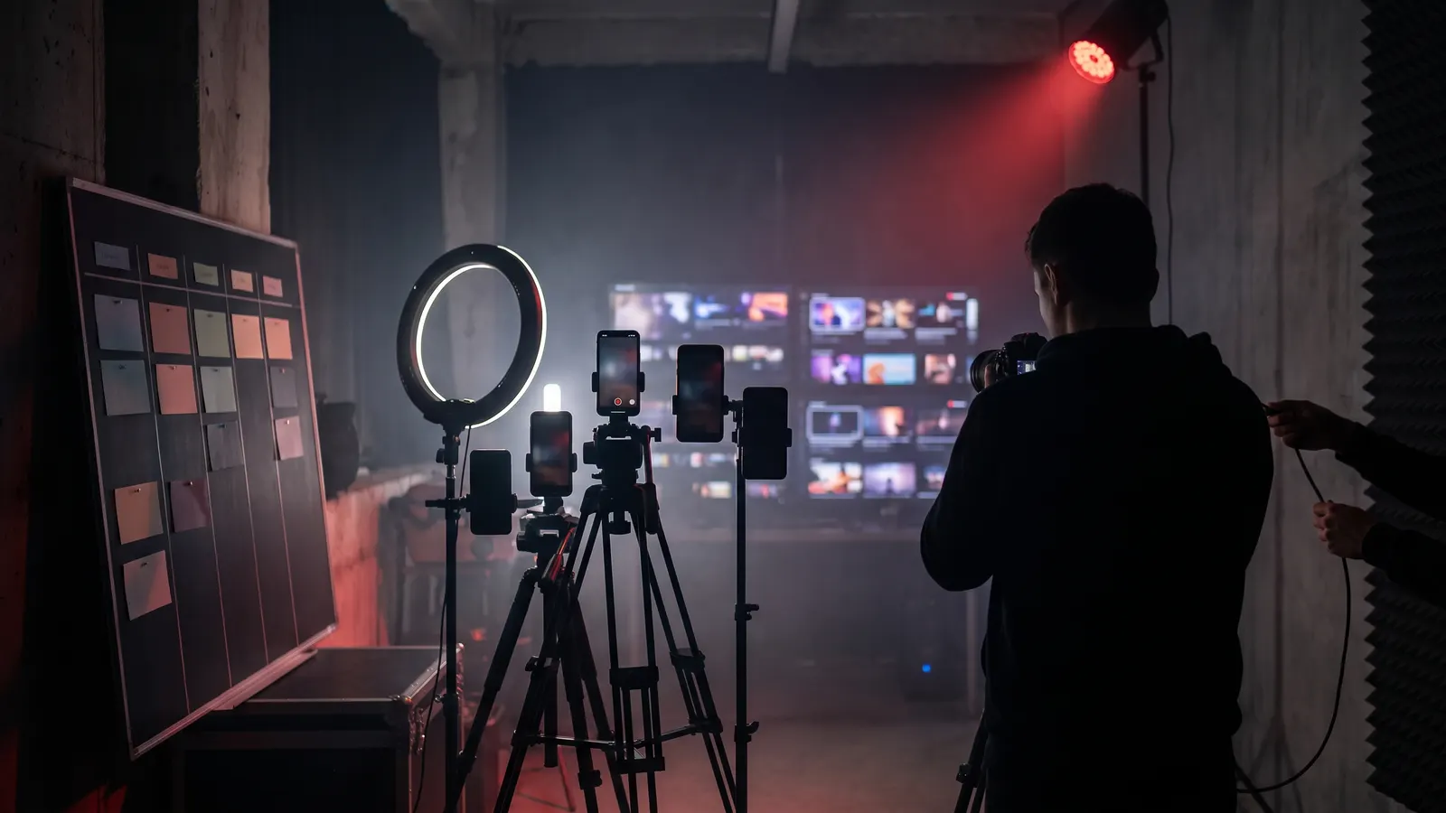 Content production studio with phones on tripods, a ring light and a planning board