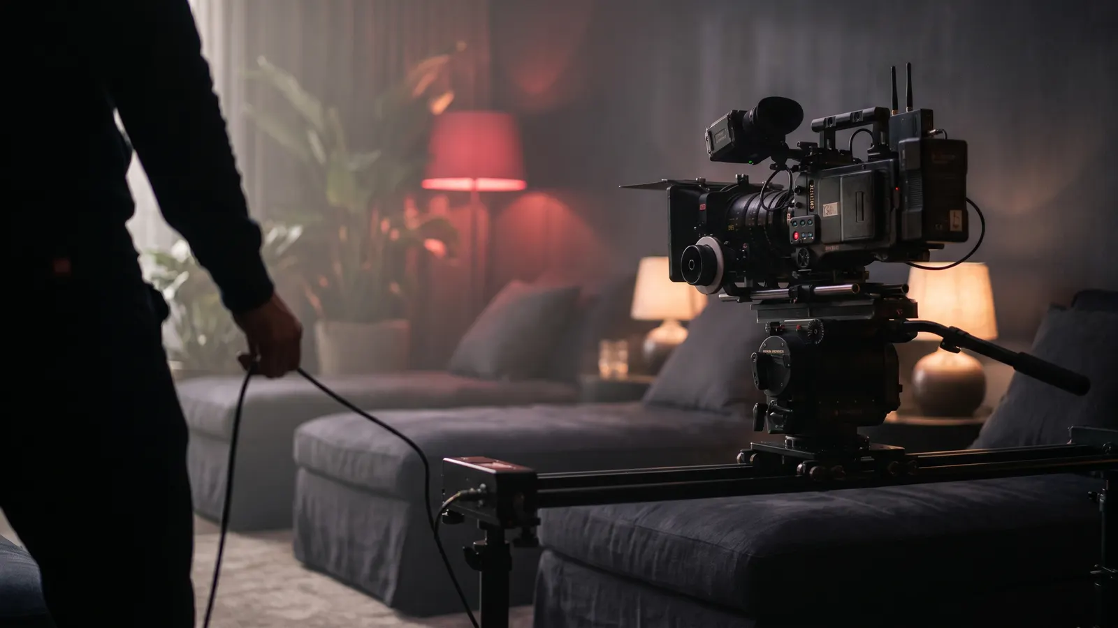 Cinema camera on a slider filming a spa relaxation lounge during a content shoot