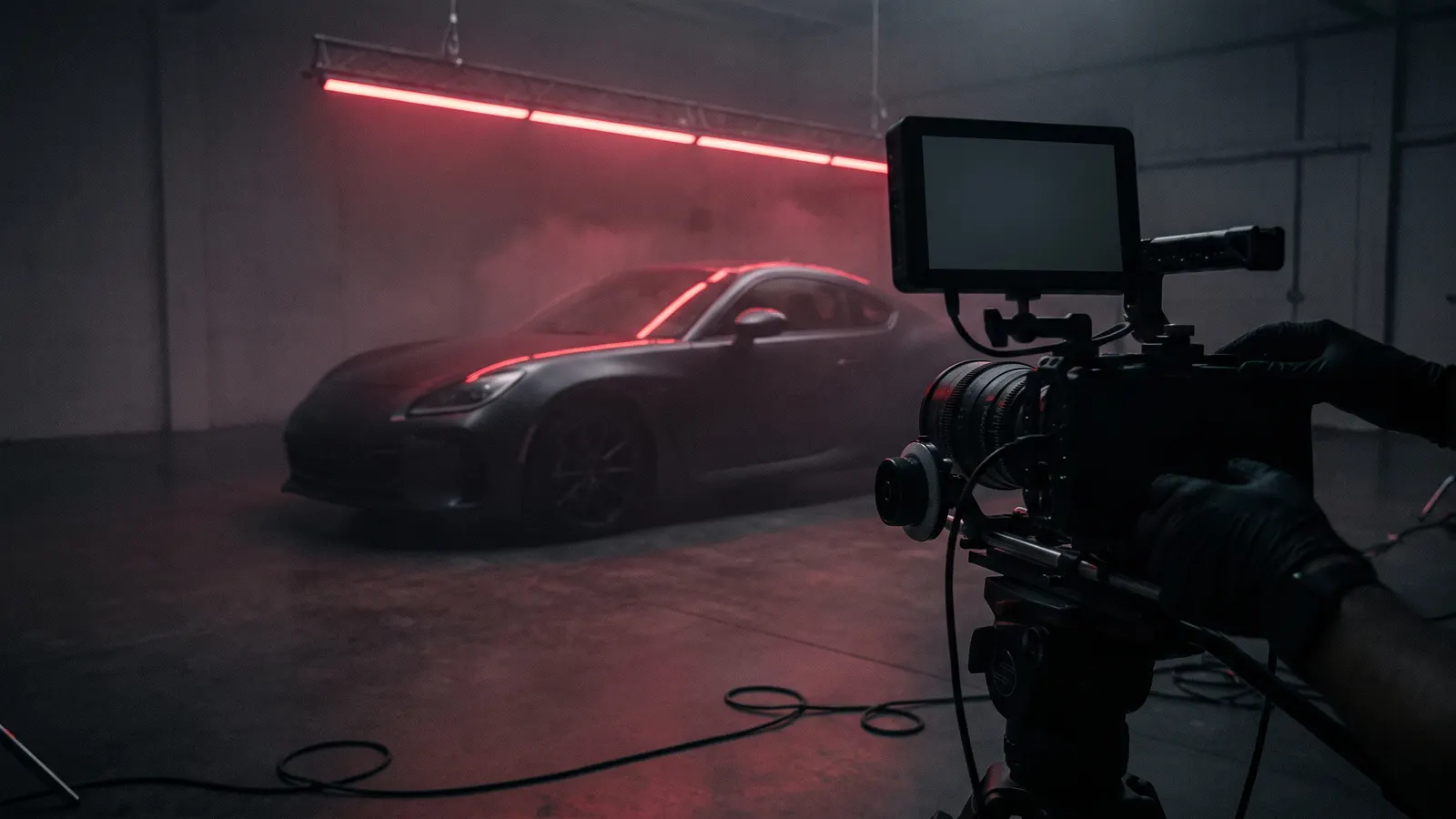 Automotive video shoot in a dark studio, a camera monitor framing a car under a red light strip