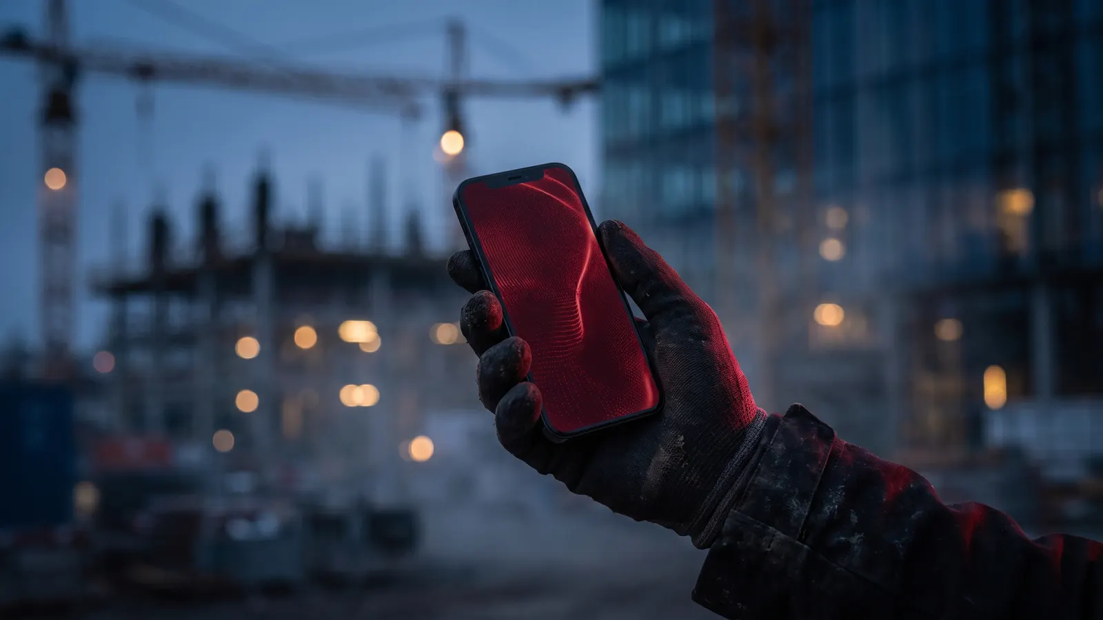 Contractor's hand holding a phone with a glowing form on the construction site of a glass building at dusk