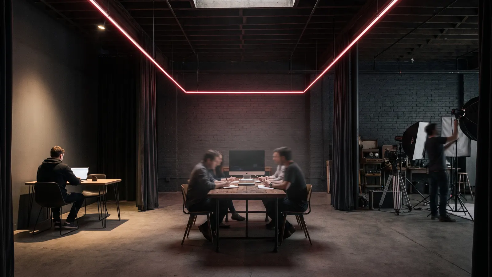 Loft with three workspaces side by side: a freelancer desk, an in-house team table and an agency studio