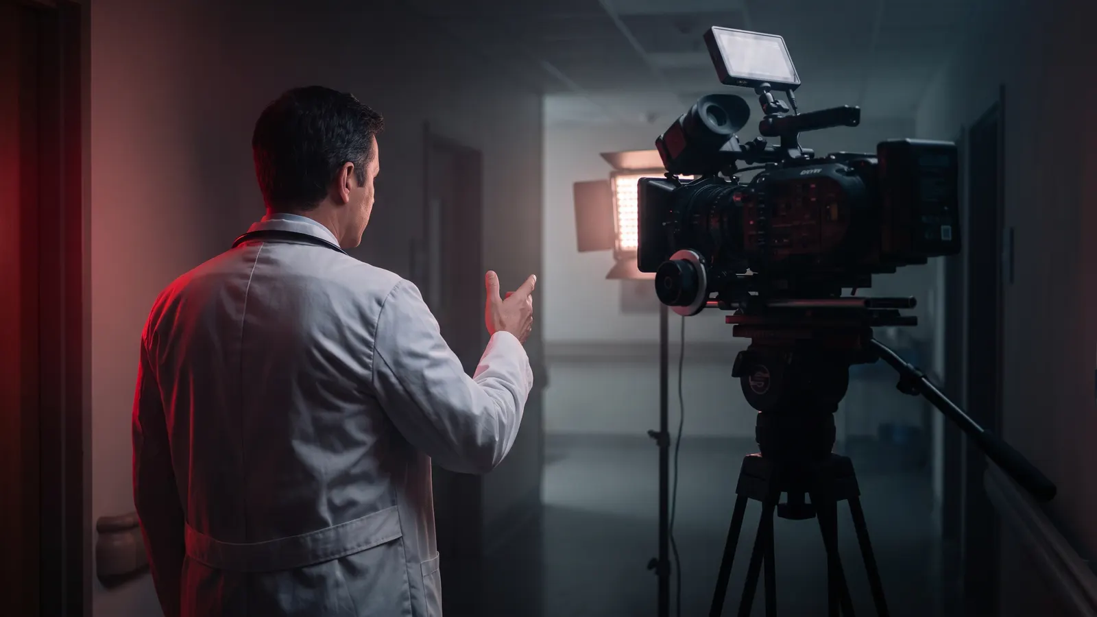 Doctor in a white coat, seen from behind, filmed by a camera crew in a hospital corridor