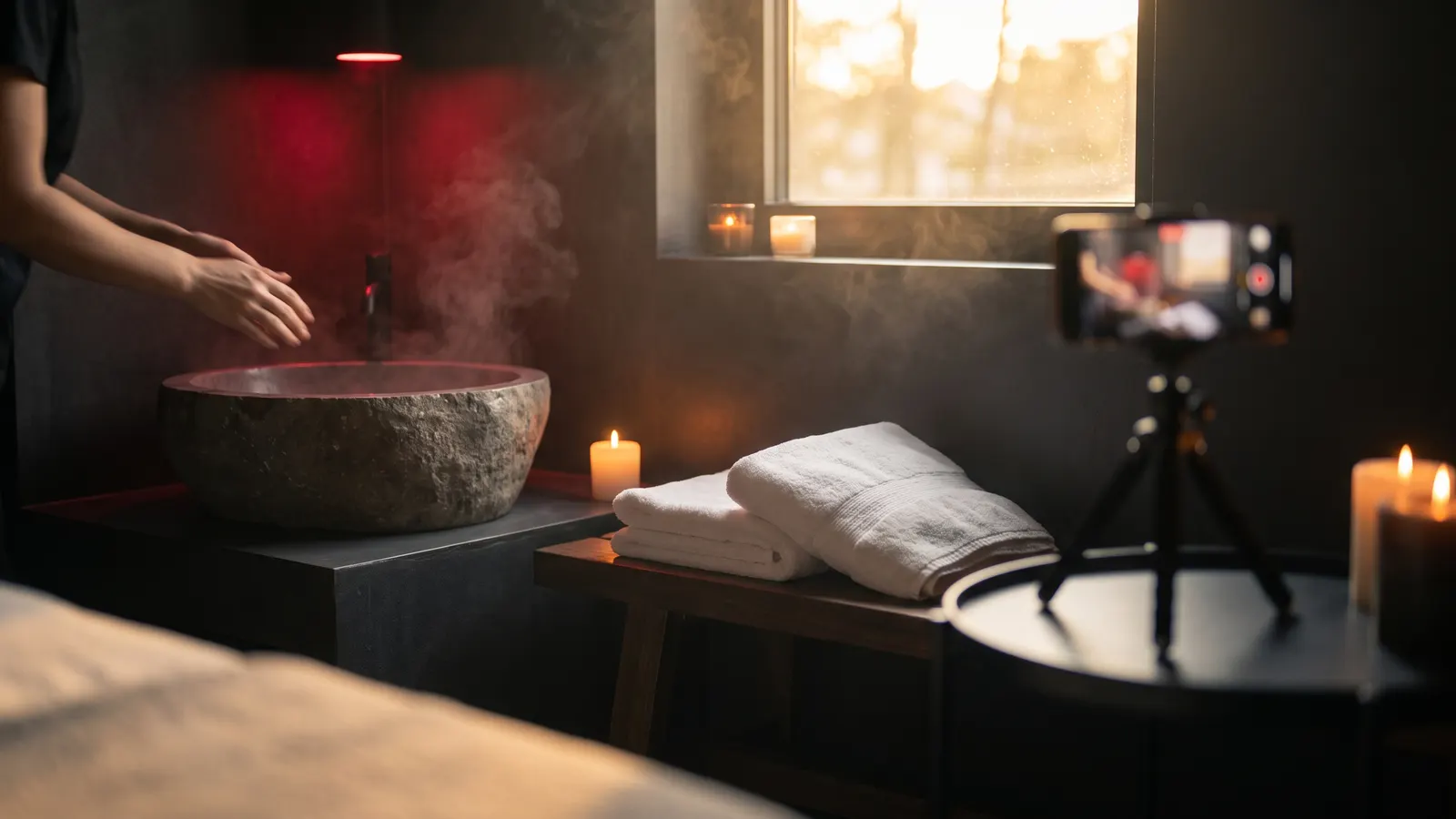 Premium spa treatment room with stone, linen and candles, filmed by a phone on a small tripod