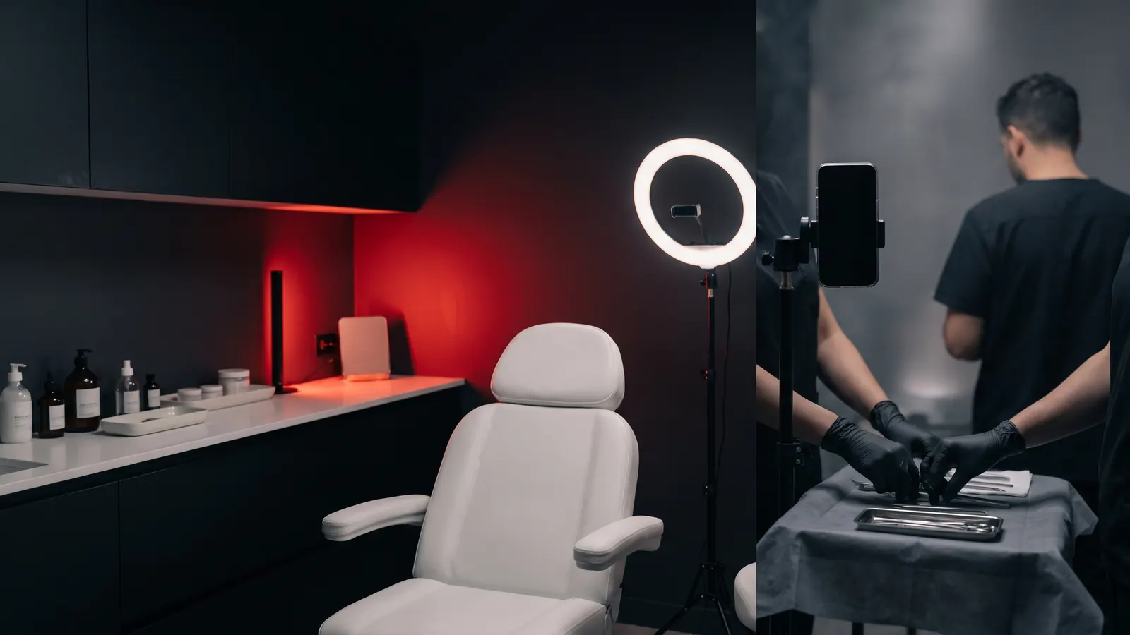 Aesthetic clinic treatment room set up with a ring light and a phone for a video shoot
