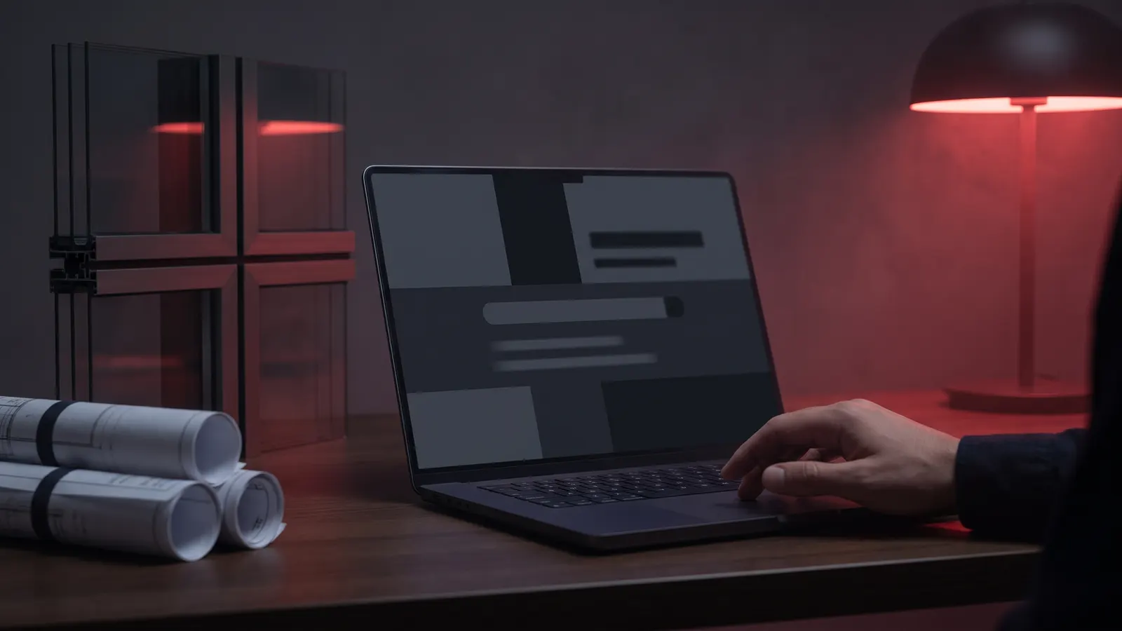 Architect browsing search results on a laptop next to a glass curtain-wall sample and drawings