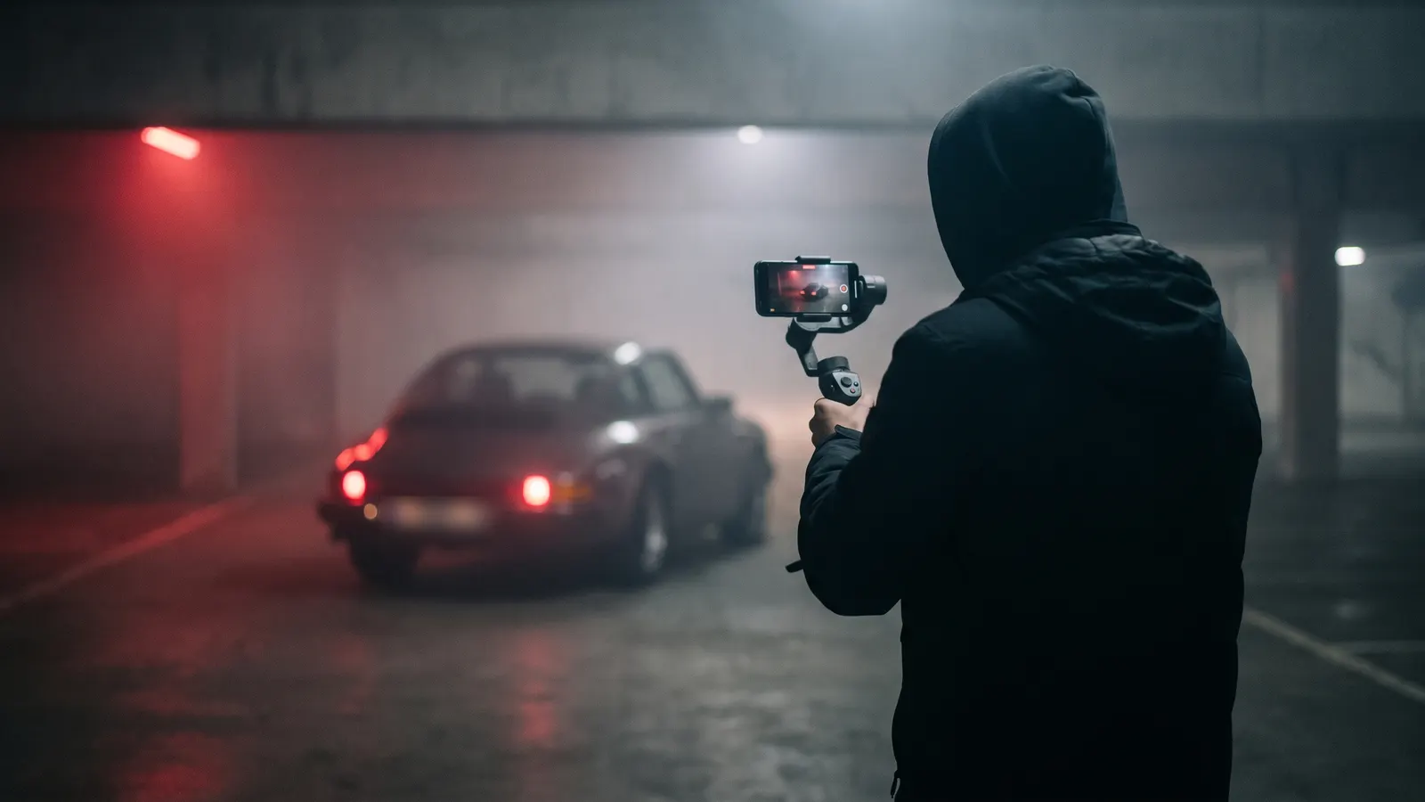 Creator filming a vertical video of a car in a parking garage with a phone gimbal