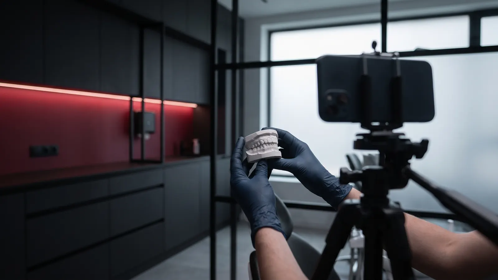 Dentist's gloved hands holding a dental model toward a phone on a tripod
