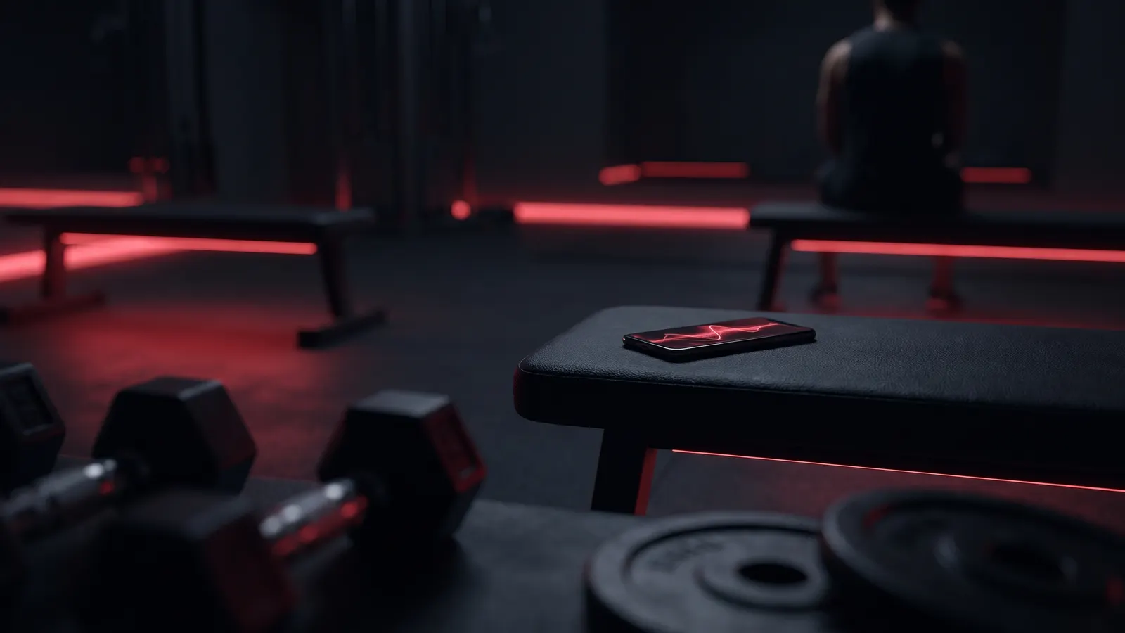 Phone on a gym bench showing a glowing performance graph under red neon light