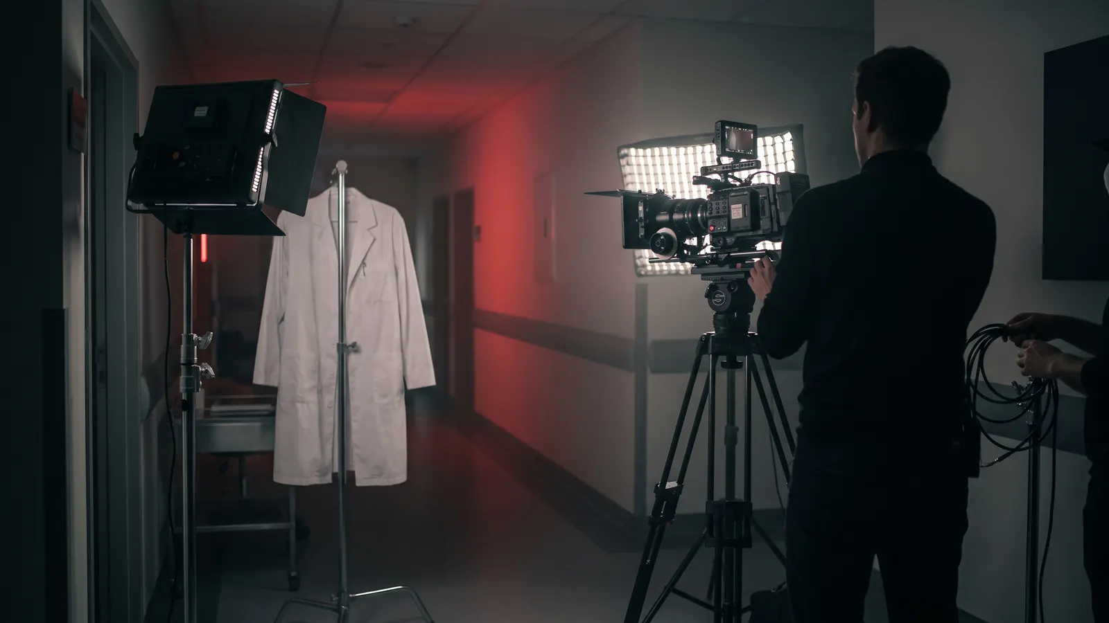 Camera and LED panel set up for filming in a medical clinic hallway