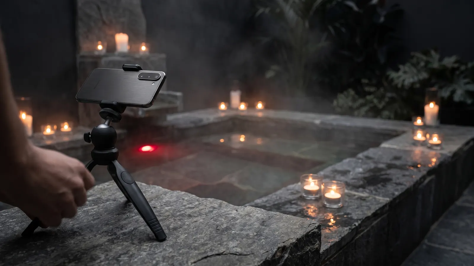 Phone on a tripod filming a premium spa pool with stone, steam and candles