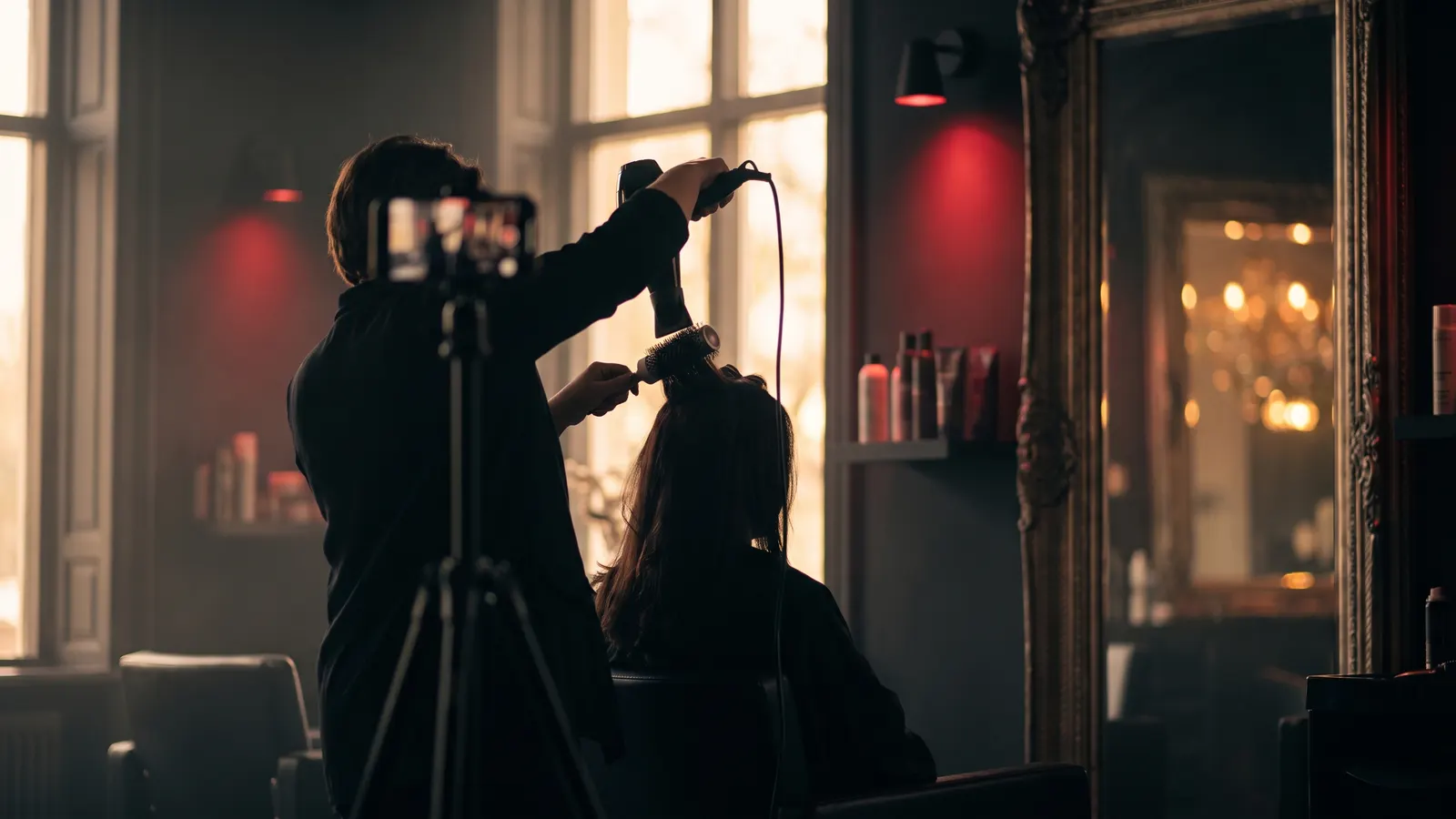 Stylist finishing a blowout in a premium salon while a phone on a tripod films
