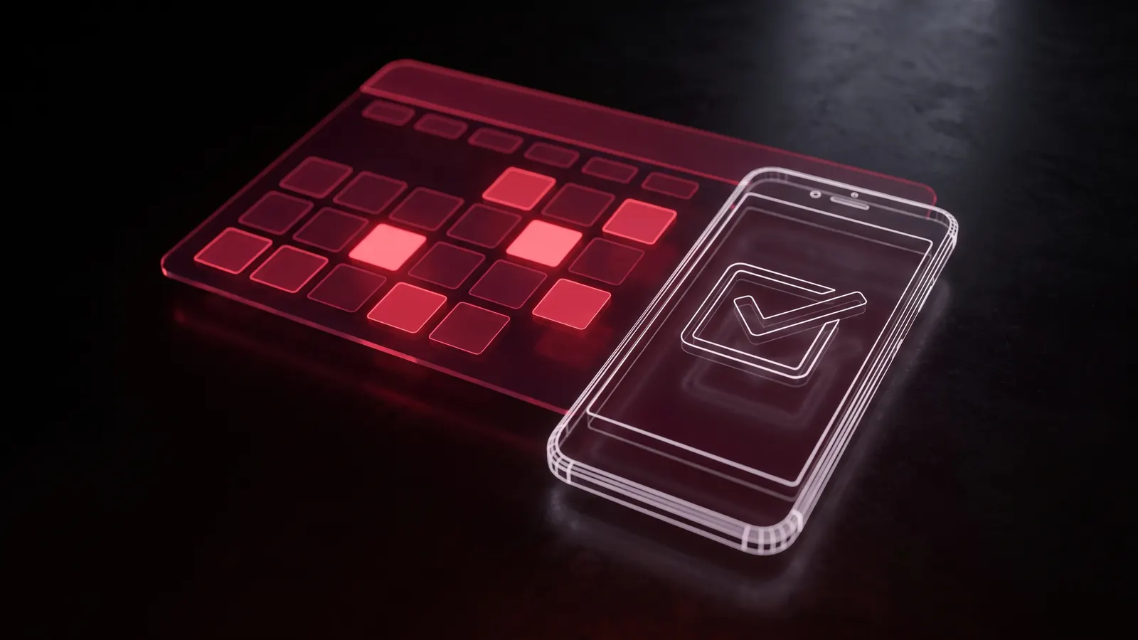 Abstract render of a red calendar grid with booked slots and a wireframe phone showing checkout