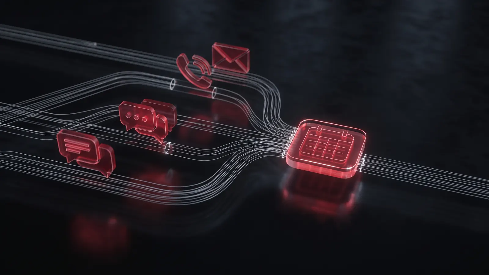 Abstract render of messages, calls and emails flowing into a single calendar booking
